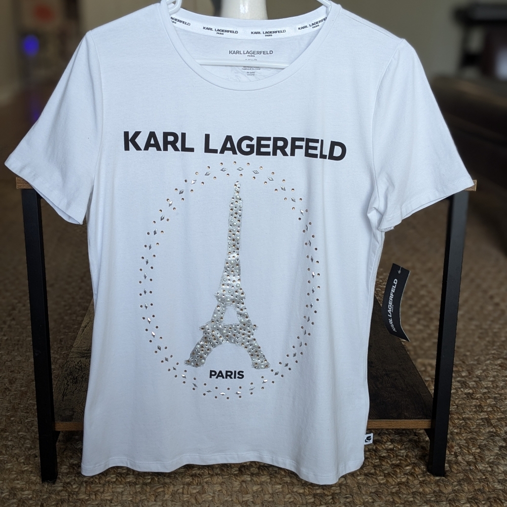 NWT Karl Lagerfeld White T-Shirt with Eiffel Tower Design